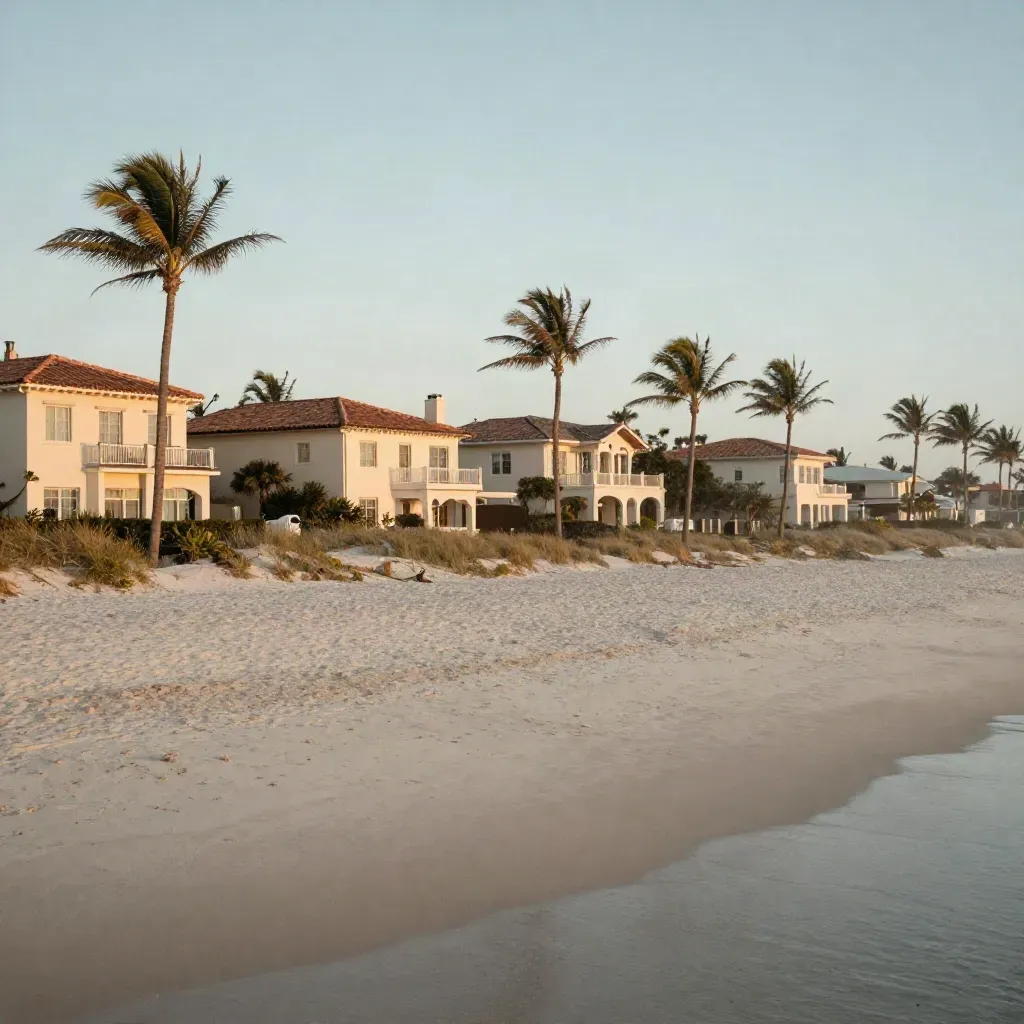 Palm Beach County coast with palms, villas, sand and surf in soft evening haze.