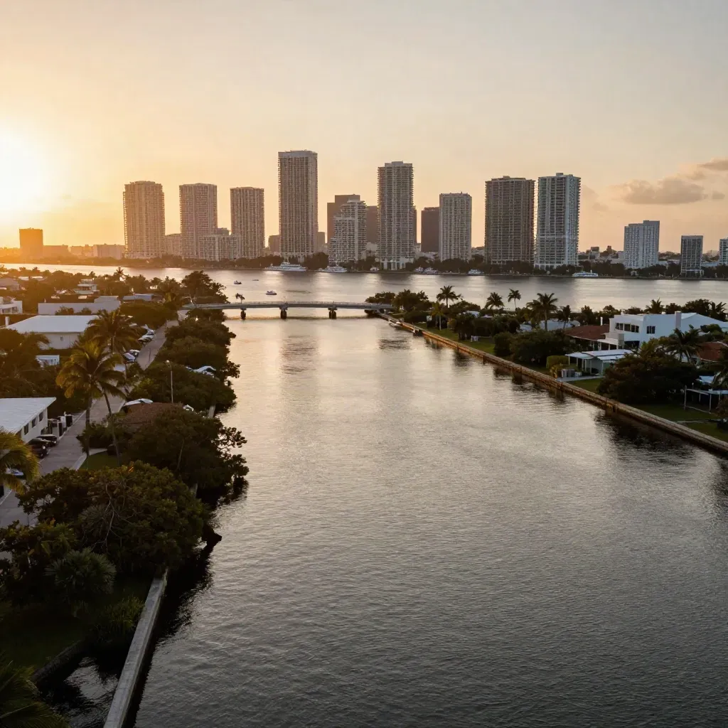 Golden-hour Broward County canals with Fort Lauderdale skyline above calm water for copy.