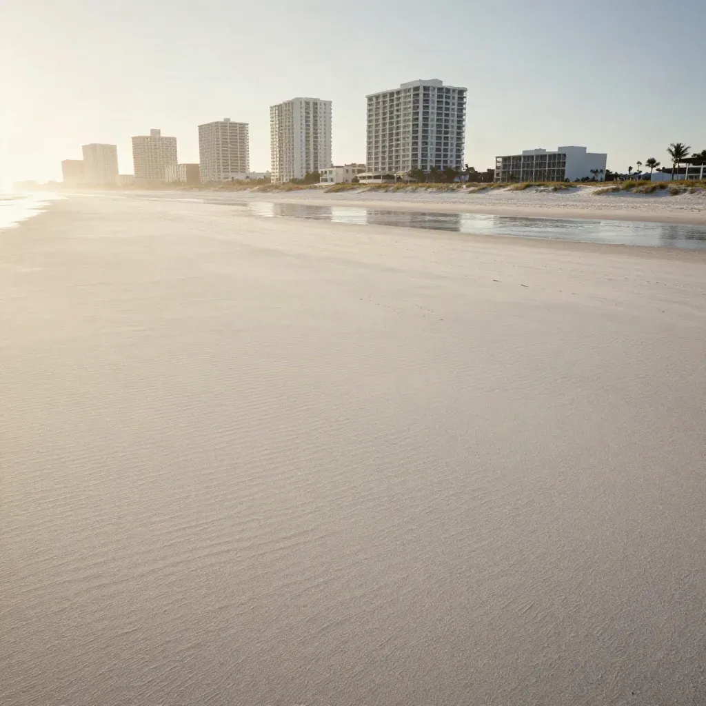 South Florida coast with pale sand, calm water, and distant condos in warm haze
