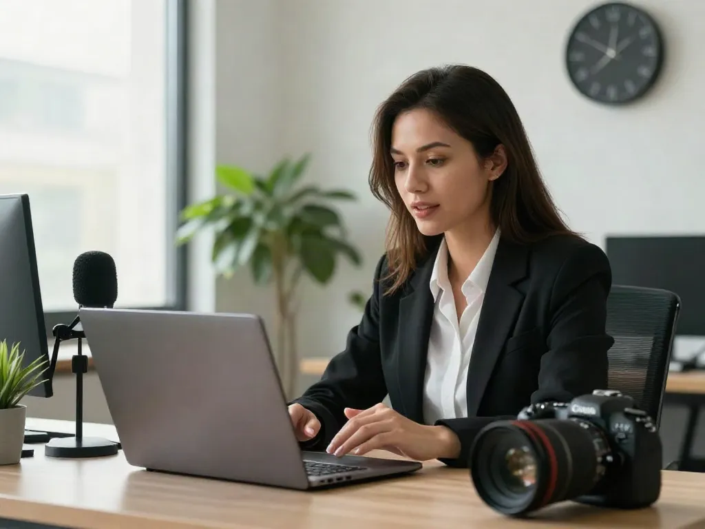 Deepfake protected Online Video Calls in a professional office with businesswoman on laptop.
