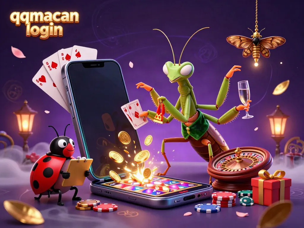 Enjoy the thrilling qqmacan login experience with a lively illustration depicting a giant praying mantis card sharp and ladybug pit boss amidst vibrant casino elements.
