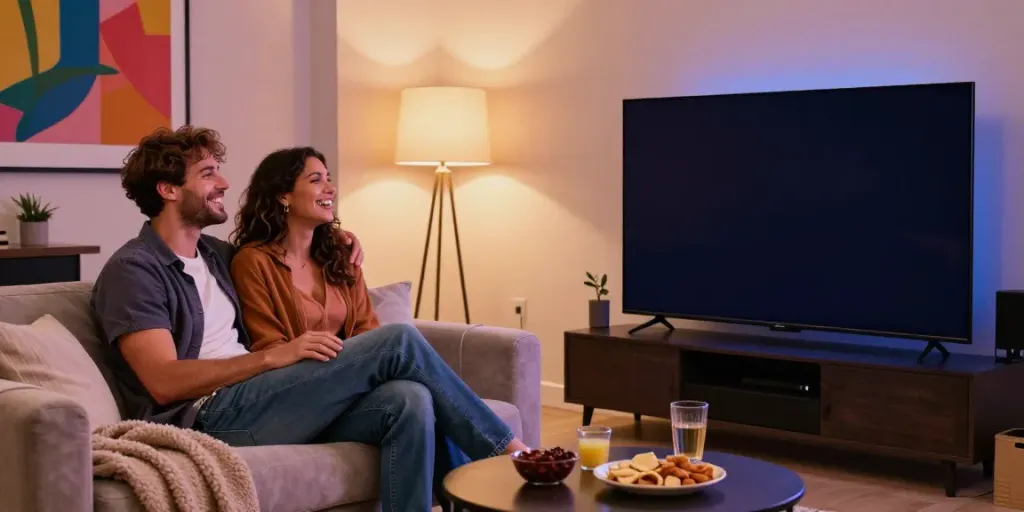 Engaging adult entertainment scene showcasing a couple enjoying hornyleak content in a cozy living room.