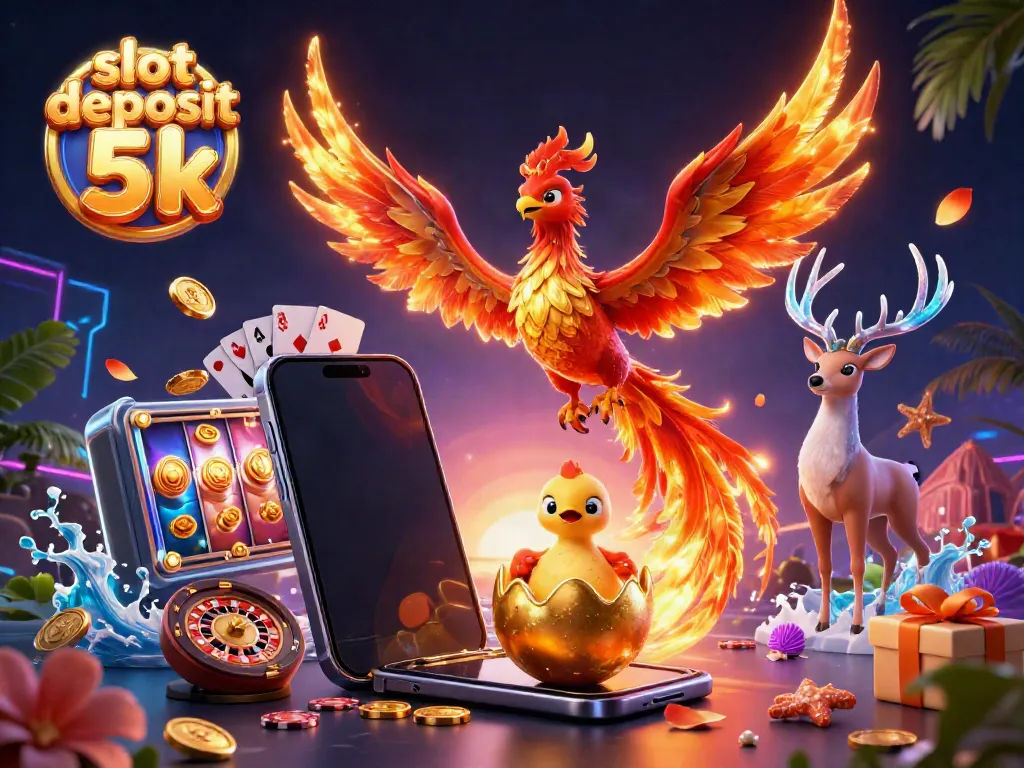 Experience the thrill of slot deposit 5k with a fiery phoenix amid dynamic casino elements.