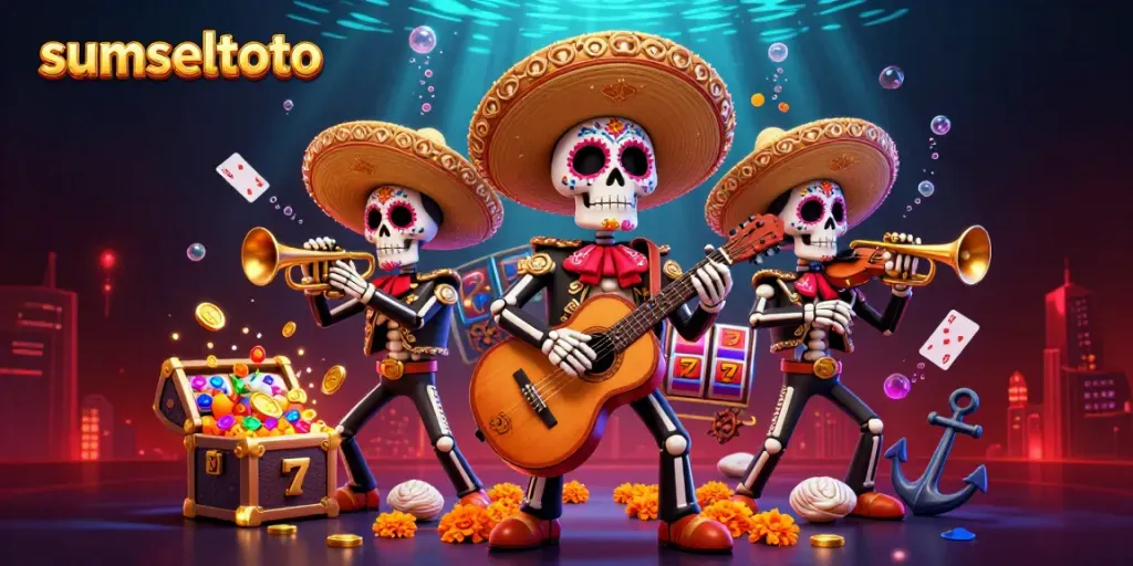 Engage in sumseltoto's vibrant 3D casino scene with cartoon mariachi skeletons amidst slot reels and treasures.