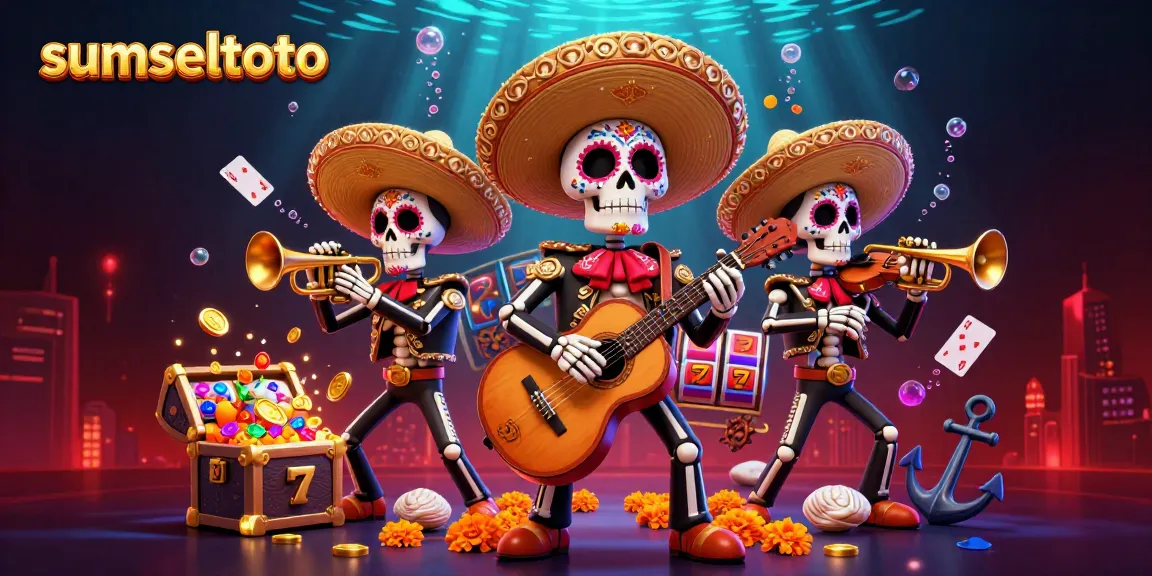 Engage in sumseltoto's vibrant 3D casino scene with cartoon mariachi skeletons amidst slot reels and treasures.