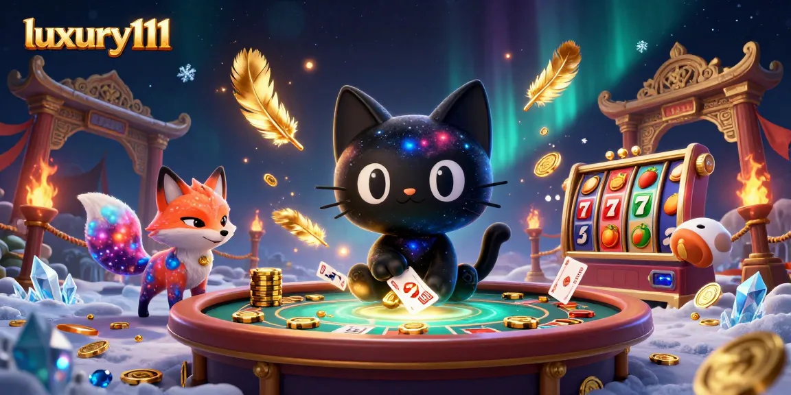 Engaging scene of luxury111 showcasing a cosmic casino with a black hole cat pulling in golden chips.