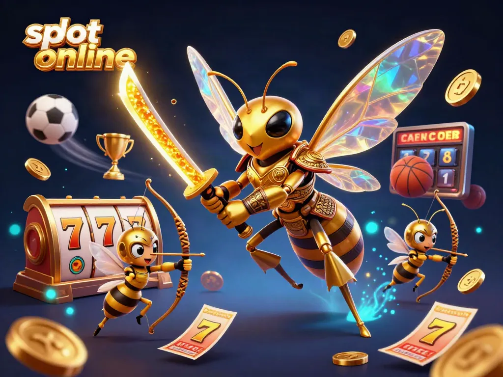 Engage in exciting slot online action as a golden hornet warrior leads a dynamic casino scene filled with winnings and vibrant visuals.