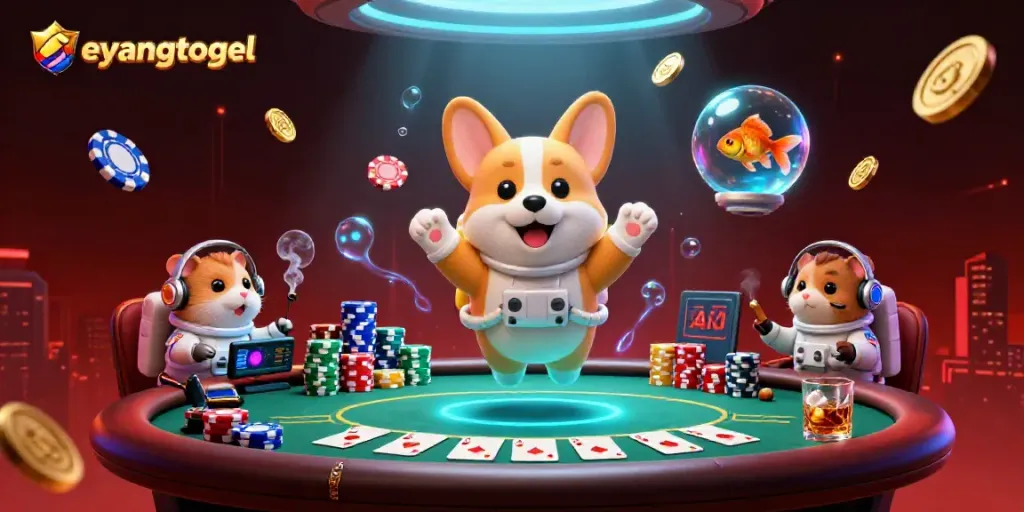 Engage with Eyangtogel's vibrant lottery scene showcasing a corgi in a space casino.