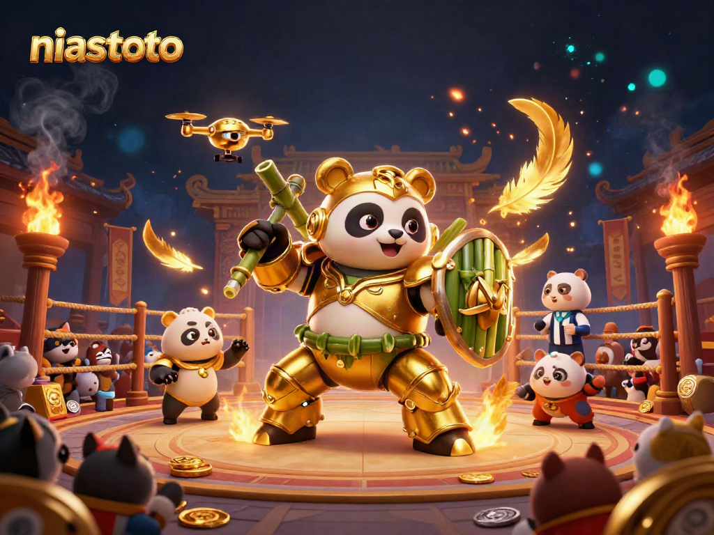 Experience thrilling gameplay with niastoto in a vibrant, action-packed casino arena featuring a mech-suit panda.