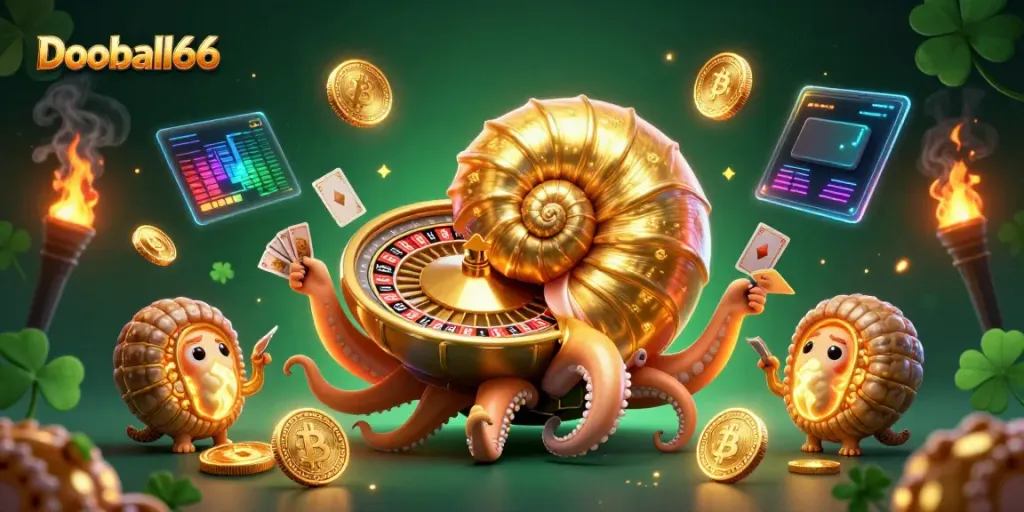 Experience immersive gambling excitement with Dooball66's vibrant 3D scene featuring a giant nautilus and neon elements.