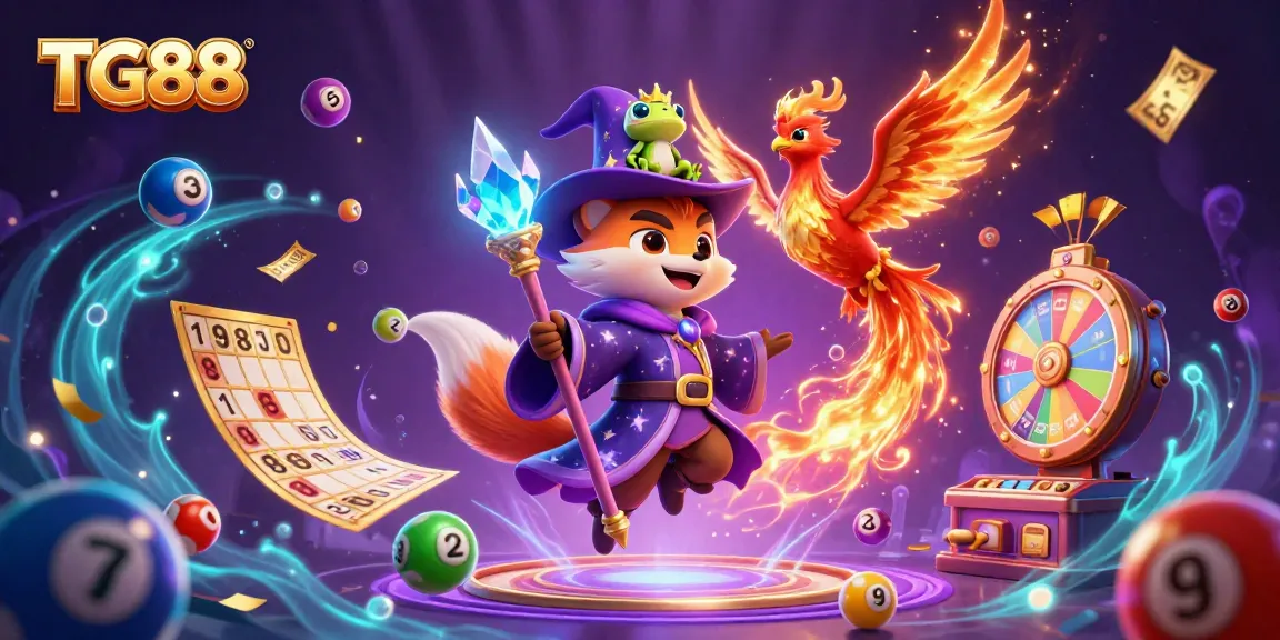 Experience the thrilling world of TG88 with vibrant games and magical elements in this stunning casino illustration.