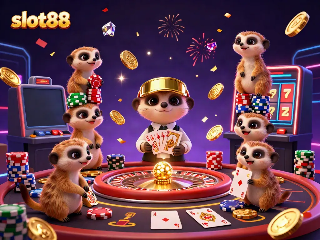 Experience the excitement of slot88 casino with lively meerkats engaging in thrilling gambling activities.