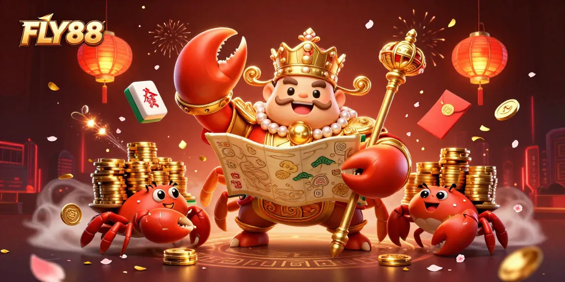 Experience FLY88's vibrant casino environment with an animated golden crab emperor surrounded by treasures.