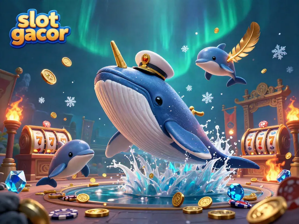 Engage with slot gacor gaming featuring a giant cartoon whale and playful dolphins in a vibrant casino scene.