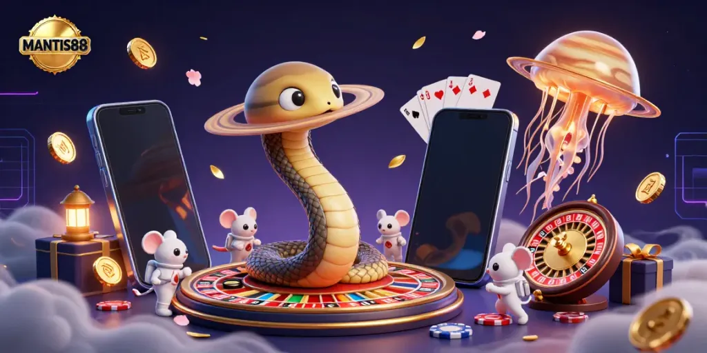 Experience thrilling gameplay at MANTIS88 with cosmic characters betting around a roulette wheel.