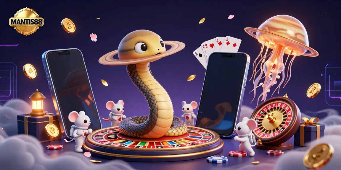 Experience thrilling gameplay at MANTIS88 with cosmic characters betting around a roulette wheel.