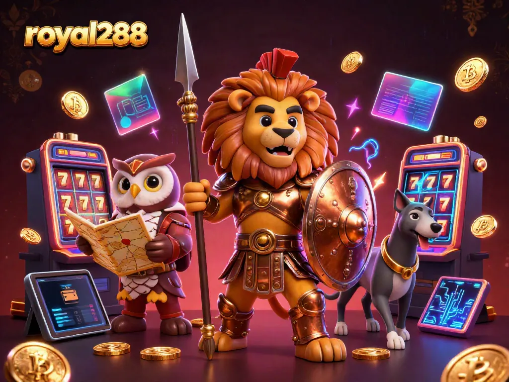 Gambarkan aksi royal288 dengan karakter kasino yang dinamis di tengah mesin slot dan koin kripto bersinar.