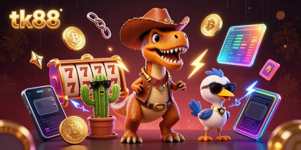 Experience thrilling casino action with tk88's cartoon dinosaur, cactus, and roadrunner in an energetic gaming scene.
