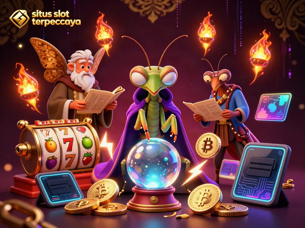 Engage with the mystical scene of situs slot gacor terpercaya, featuring a fortune teller and magical elements.