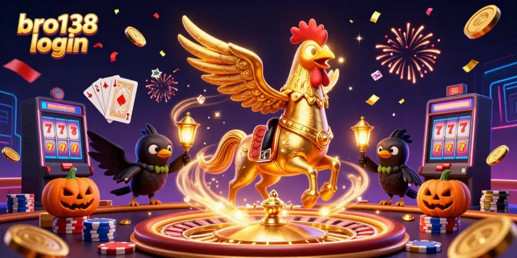 Experience the excitement of bro138 login in a vibrant casino scene with golden rooster and magical companions.