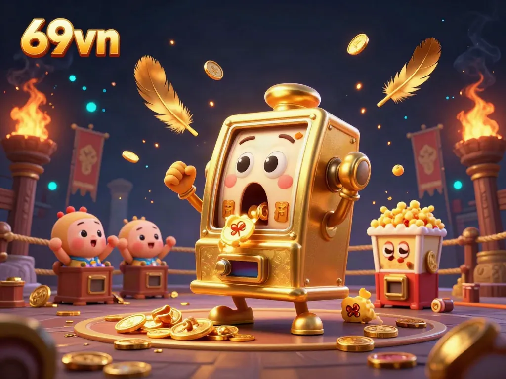 Engage with the thrilling 69vn slot experience as a golden slot machine hits the jackpot in a vibrant casino scene.