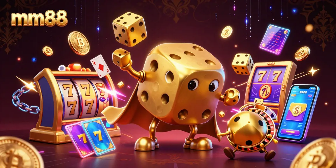 Engage with mm88 in a vibrant 3D casino scene featuring golden dice golem, jackpot reels, and glowing cryptocurrencies.
