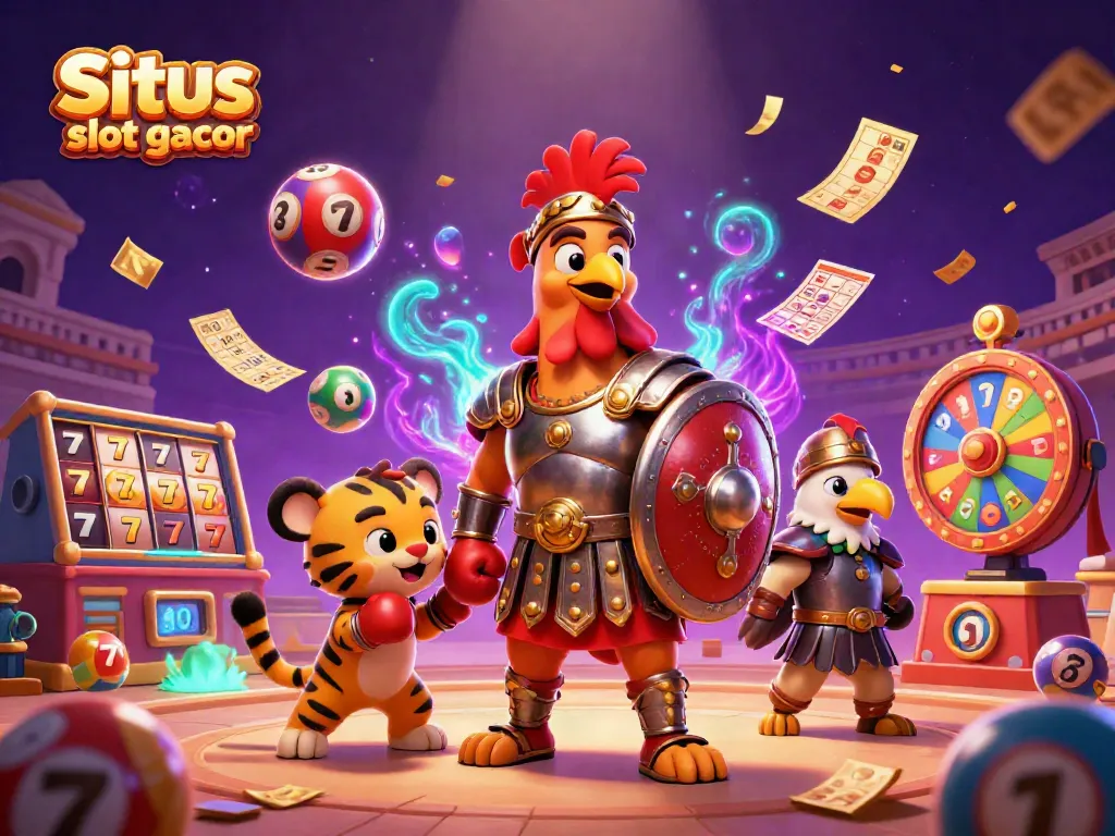 Experience the thrill of Situs slot gacor with a dynamic illustration featuring a gladiator rooster and a slot machine.