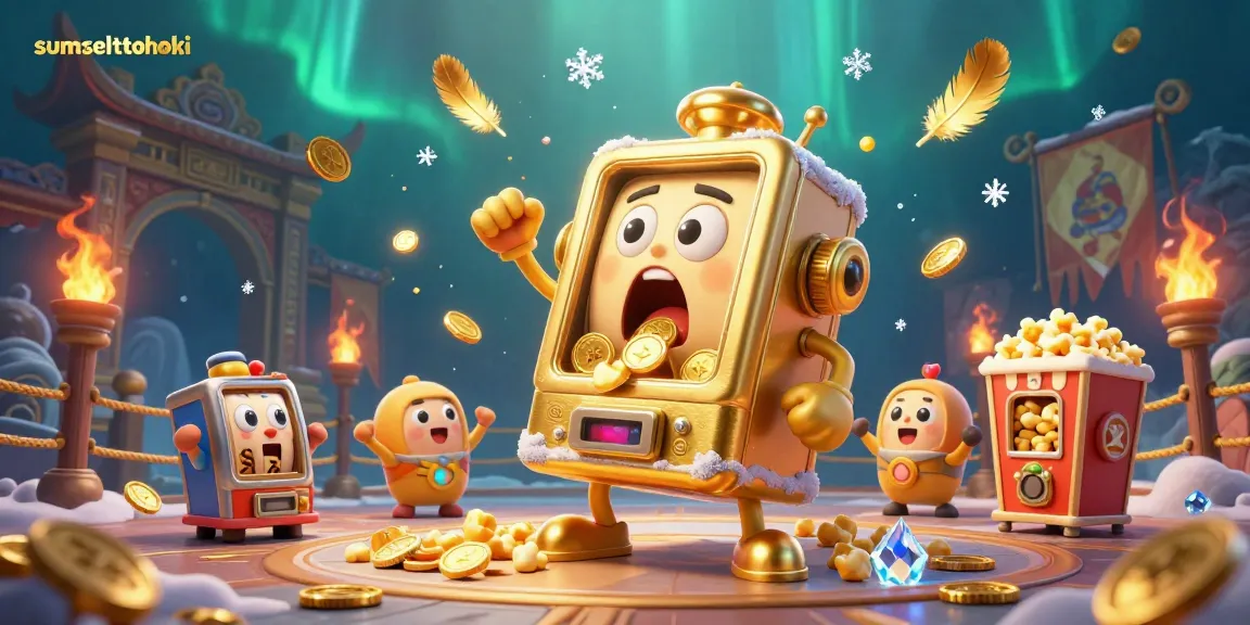 Celebrate with sumseltotohoki as a golden slot machine hits the jackpot amidst cheering baby machines and vibrant casino elements.
