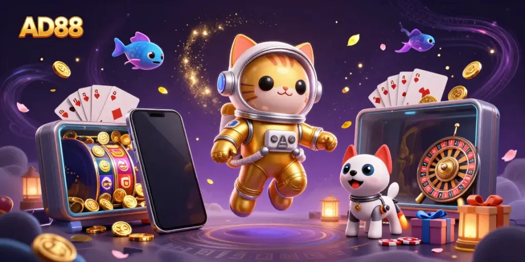 Experience the excitement of AD88 with a vibrant 3D cartoon scene featuring a space astronaut cat and engaging casino elements.