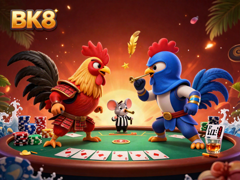 Engage with BK8 in an epic rooster duel surrounded by poker elements in a vibrant casino scene.