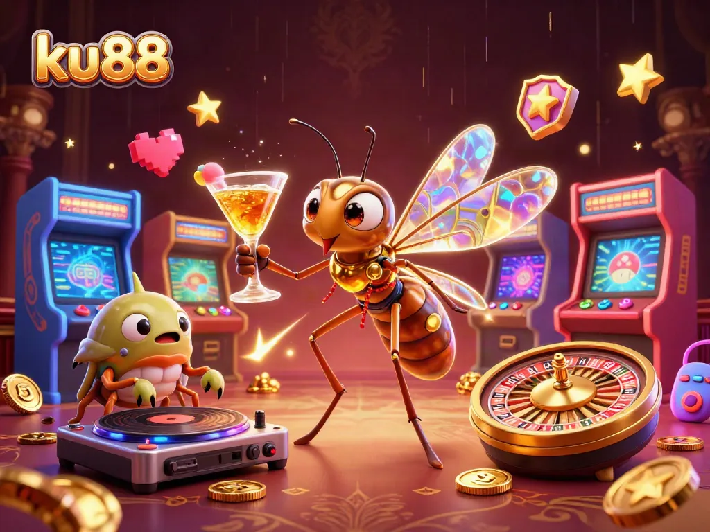 Engage with ku88's vibrant casino antics showcasing lively characters in an immersive gambling scene.