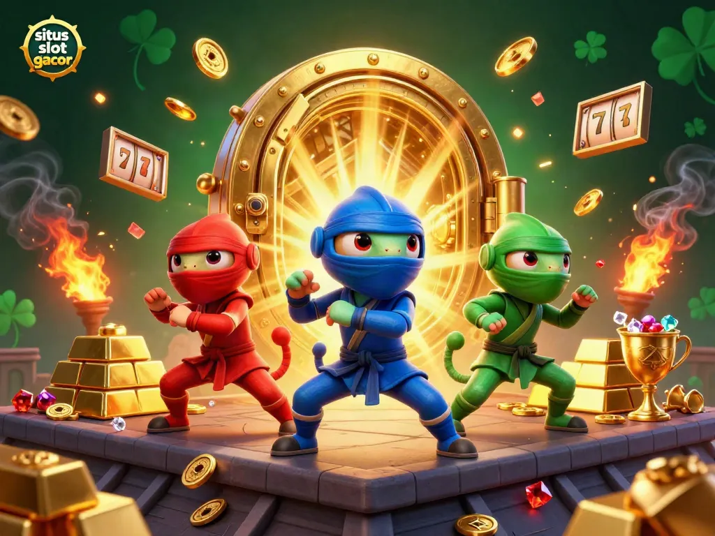 Experience the thrill of situs slot gacor with 3D chameleon ninjas battling in a vibrant casino scene.