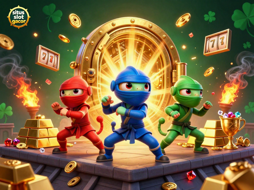 Experience the thrill of situs slot gacor with 3D chameleon ninjas battling in a vibrant casino scene.