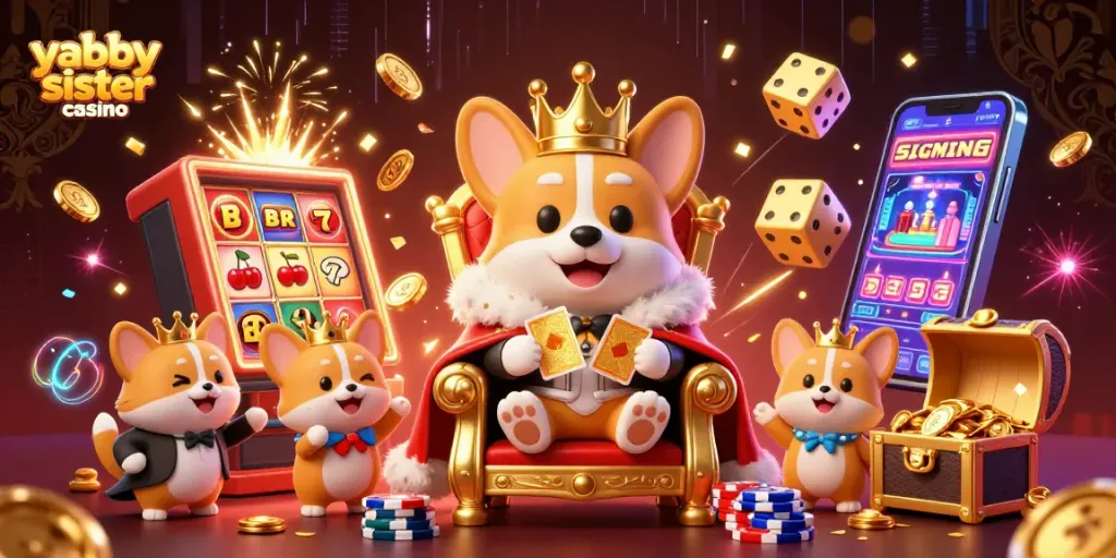 Play and win at yabby sister casino featuring a royal corgi ruler and vibrant slot machine action.
