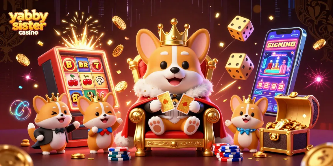 Play and win at yabby sister casino featuring a royal corgi ruler and vibrant slot machine action.