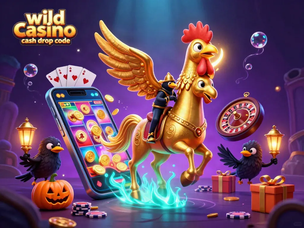 Claim rewards with the wild casino cash drop code surrounded by vibrant casino themed elements.
