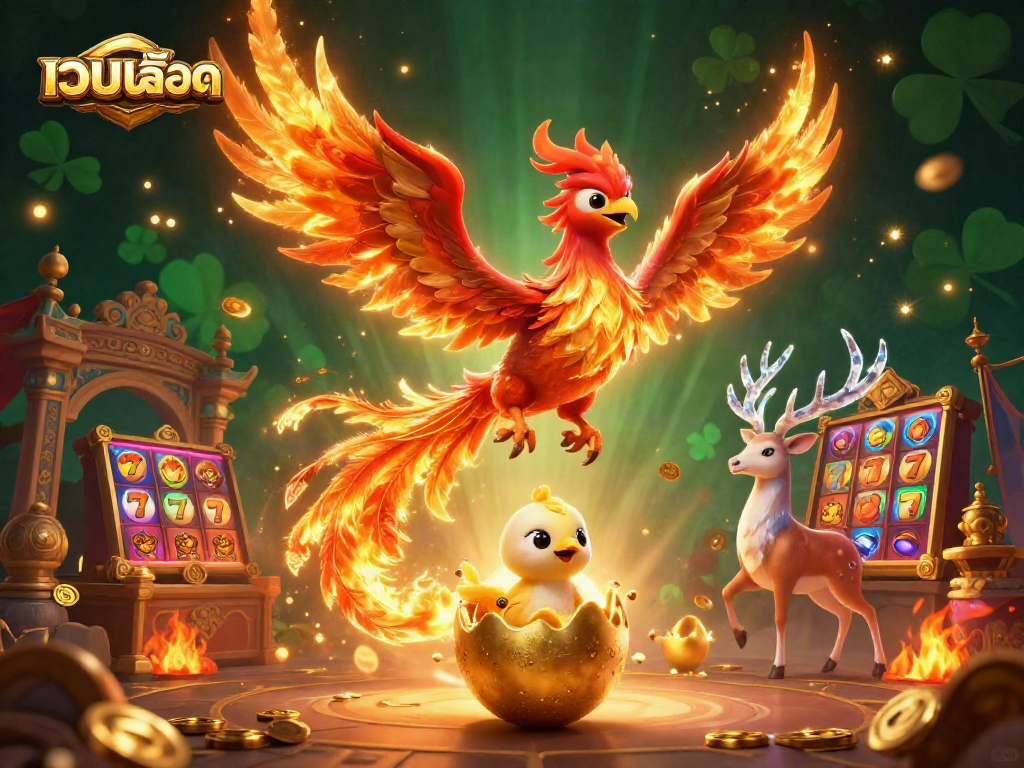 Engaging scene showcasing เว็บสล็อต with 3D phoenix characters amidst dynamic gaming elements, promoting the excitement of online slots.