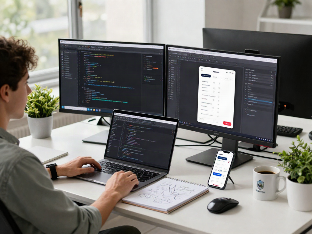 Pikashow apk download shown on smartphone in a modern app development workspace.