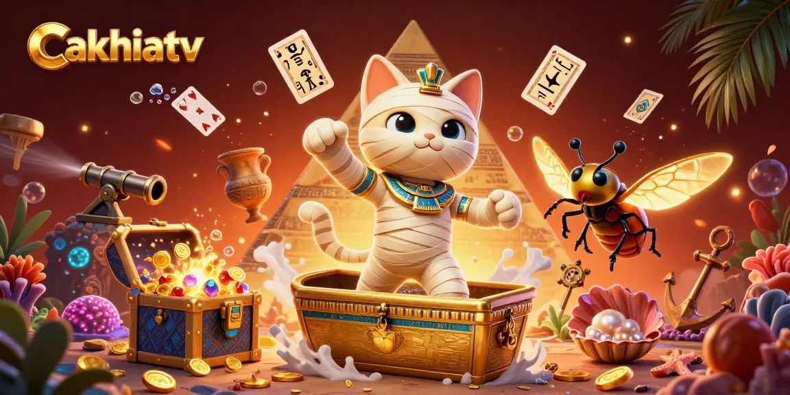 Cakhiatv reshapes the gaming scene with an energetic 3D illustration of an Egyptian mummy cat and scarab beetle.