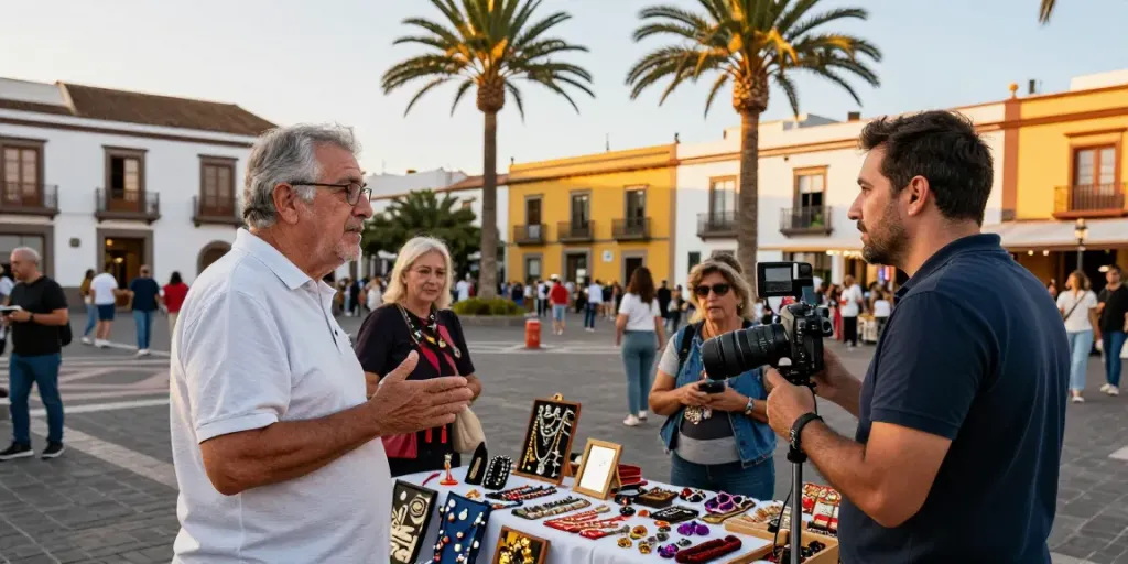 Canarian news highlights local culture through vibrant plaza scenes.