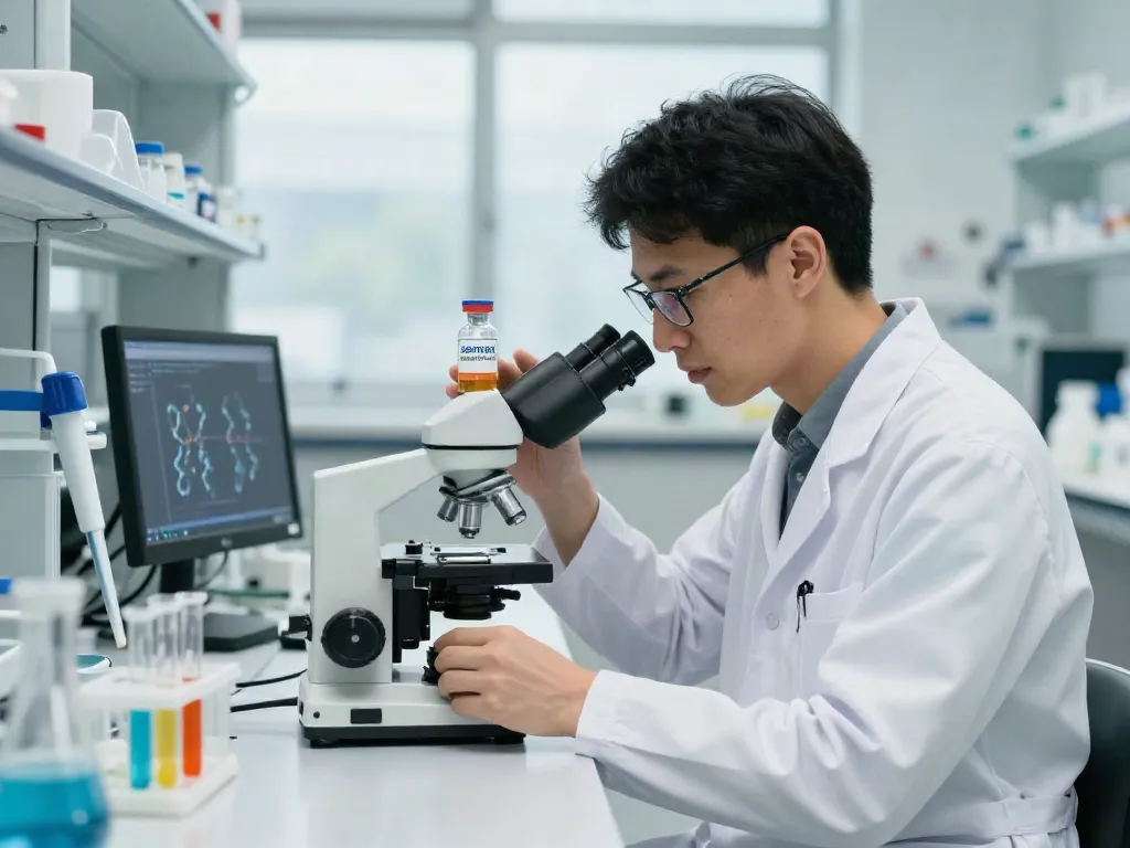 Researcher analyzing the semax selank blend in a modern lab environment