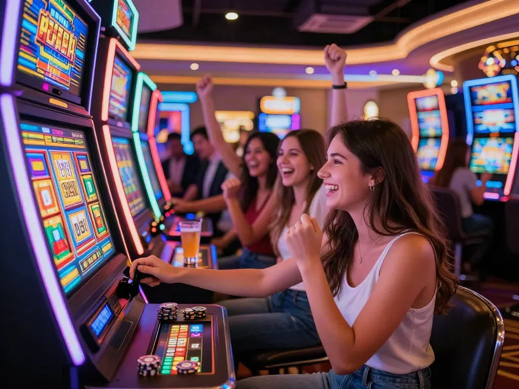 Energetic casino scene with players enjoying slot machines, celebrating a win.