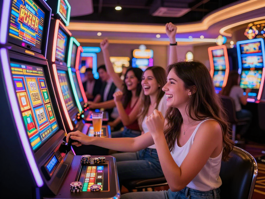 Energetic casino scene with players enjoying slot machines, celebrating a win.