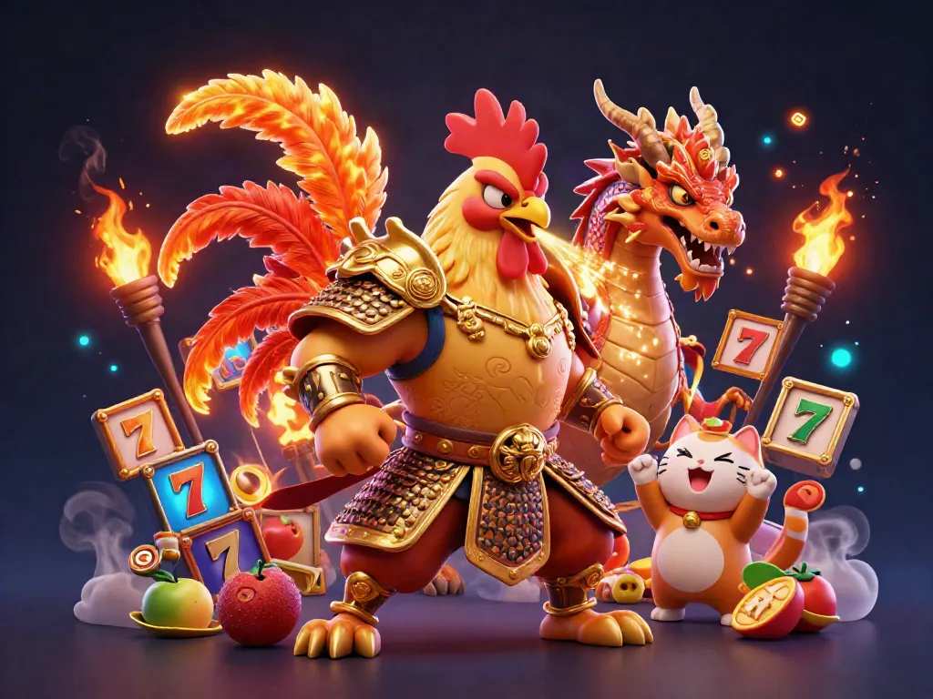 Engage with thrilling slot action featuring a golden armored rooster, dragon, and fortune cat in a vibrant casino scene.