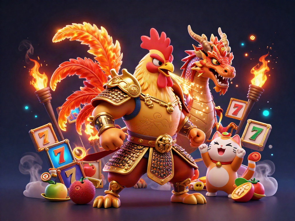 Engage with thrilling slot action featuring a golden armored rooster, dragon, and fortune cat in a vibrant casino scene.