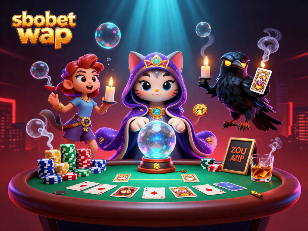 Engage in sbobet wap betting experience with vibrant 3D casino illustration showcasing fortune teller cat and poker elements.