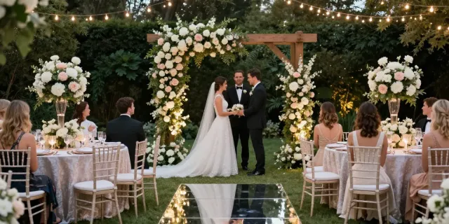 Event furniture rental showcased in a romantic outdoor wedding setting with elegant decor.