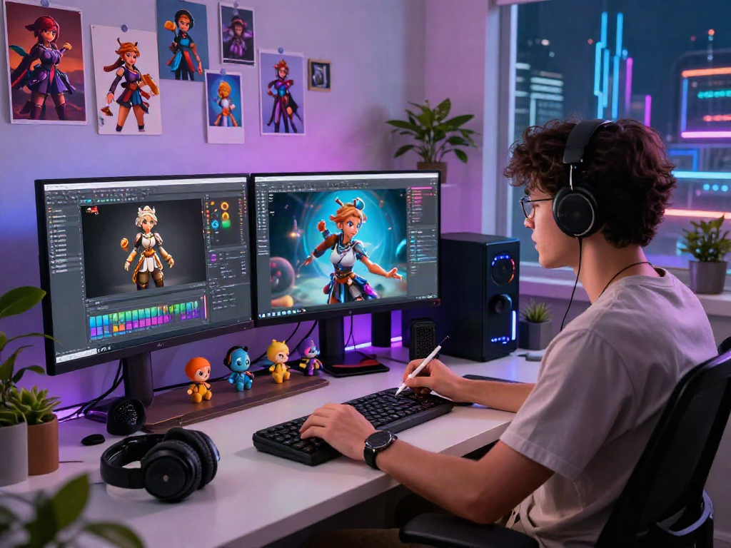 Character AI NSFW workspace showcasing vibrant design tools and a developer in action