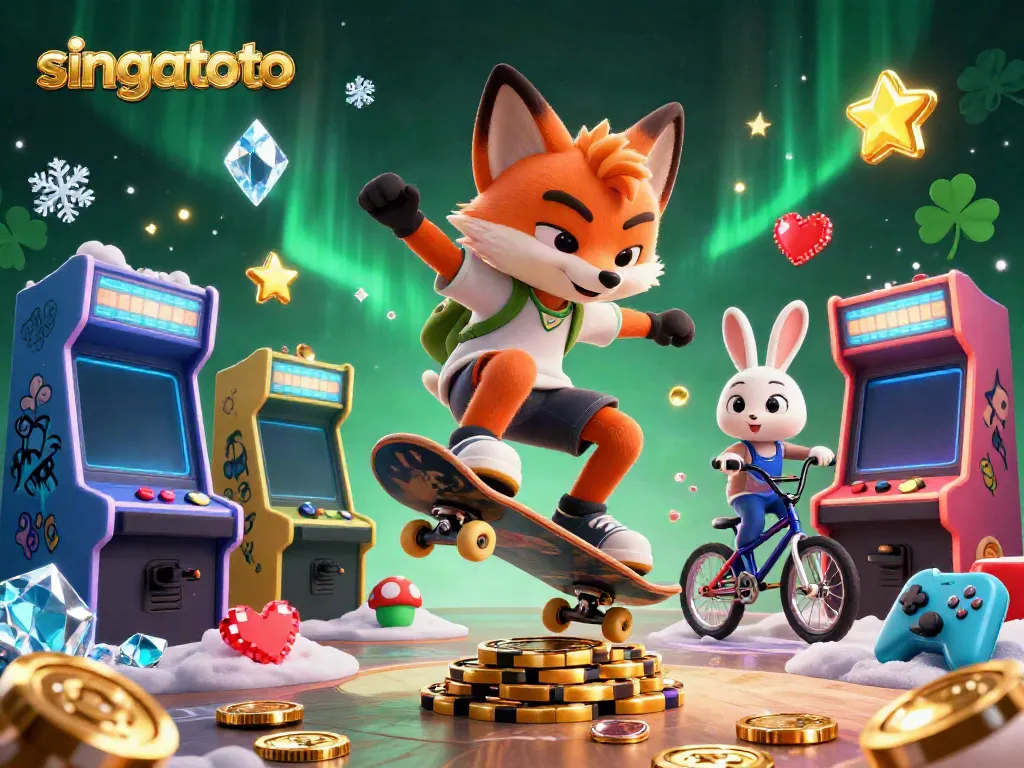 Engage with singatoto through a vibrant 3D scene of a skateboarder fox and BMX rabbit at a casino-themed arcade.