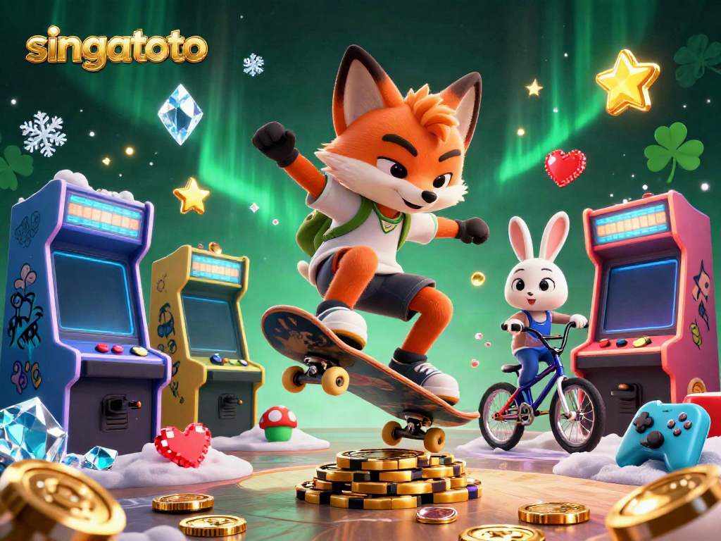 Engage with singatoto through a vibrant 3D scene of a skateboarder fox and BMX rabbit at a casino-themed arcade.